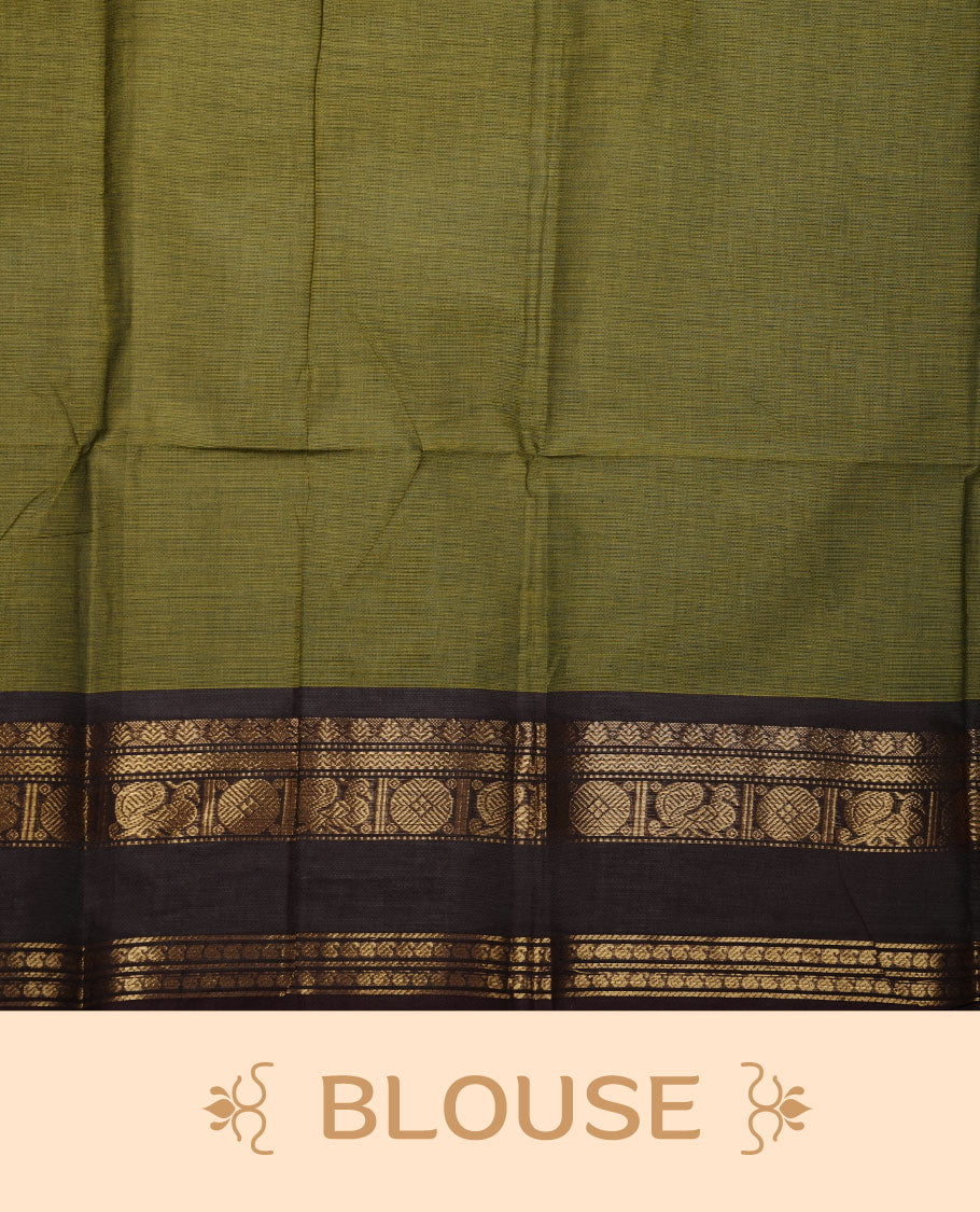 Olive colour chettinad cotton saree featuring plain body, contrast chocolate brown colour with traditional gold zari border paired with matching blouse.