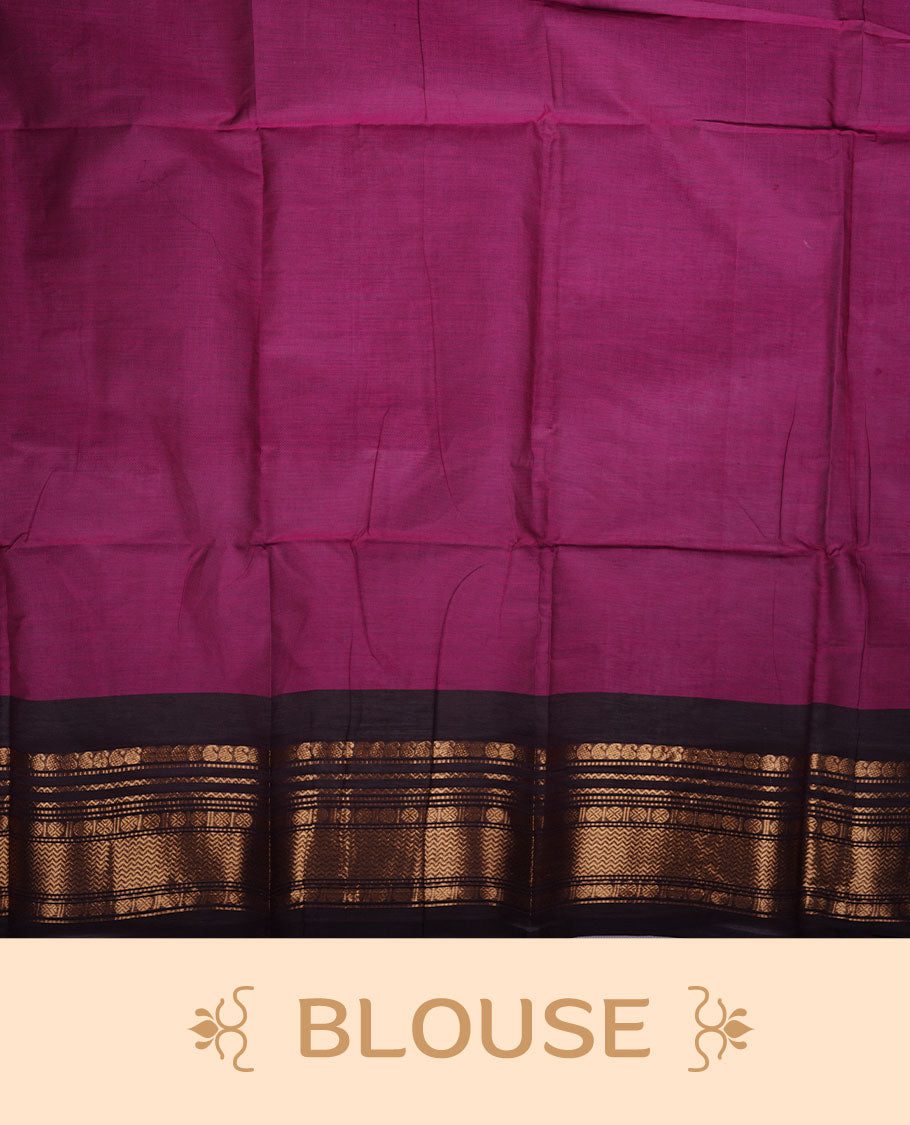Dark Magenta colour chettinad cotton saree featuring plain body, contrast Dark brown colour with traditional gold zari border paired with matching blouse.