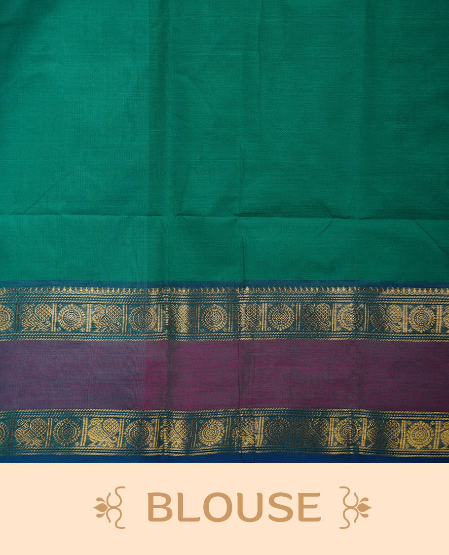 Green colour chettinad cotton saree featuring Elegant plain body highlighting contrast magenta and blue colour with gold zari traditional border, pallu and paired with matching blouse piece.