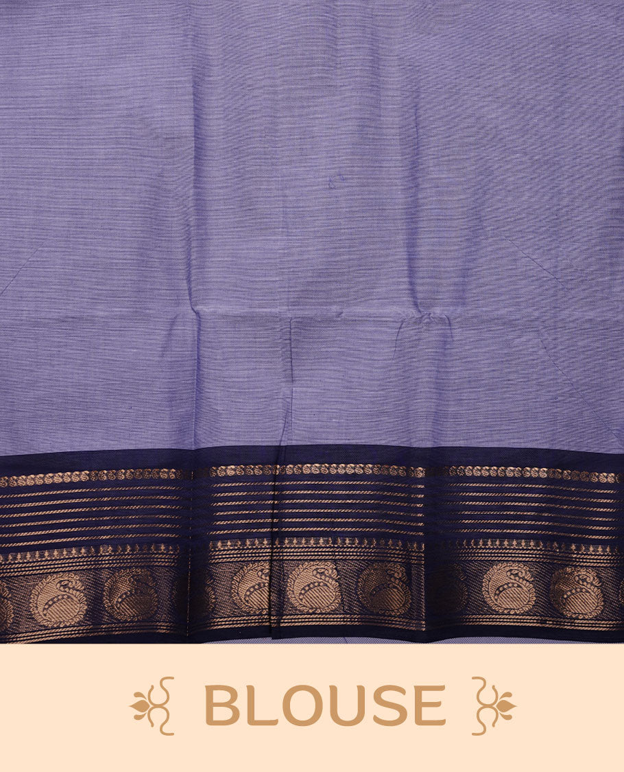 Lavender colour chettinad cotton saree featuring plain body, contrast Dark blue colour with traditional gold zari border paired with matching blouse.