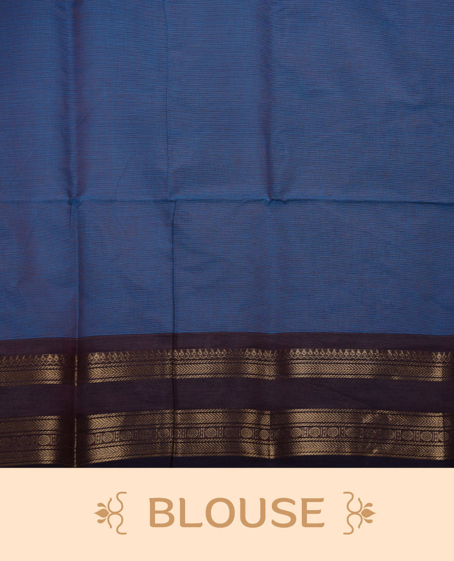 Blue colour chettinad cotton saree featuring Elegant body, contrast purple colour border with gold zari border, pallu and paired with matching blouse.