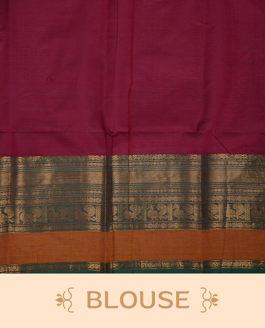 Red colour chettinad cotton saree featuring Elegant plain body highlighting contrast Green and mustrad colour colour with gold zari traditional border, pallu and paired with matching blouse piece.