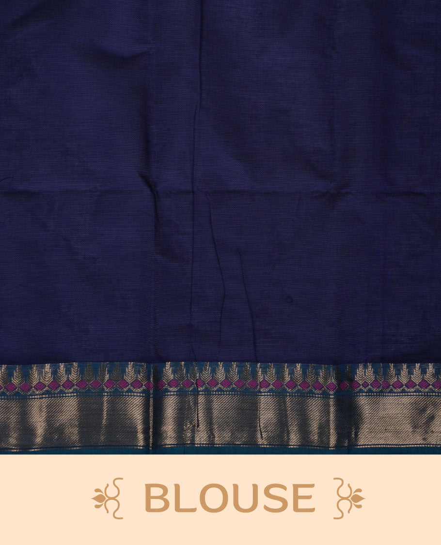 Navy Blue colour chettinad cotton saree featuring Elegant plain body, contrast green colour border with gold zari border, pallu and paired with matching blouse.