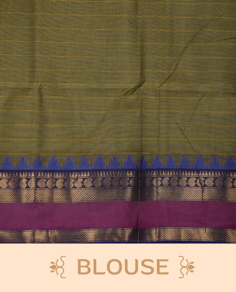 Olive colour chettinad cotton saree featuring stripes on body highlighting contrast magenta and blue with gold zari border, pallu and paired with matching blouse piece.