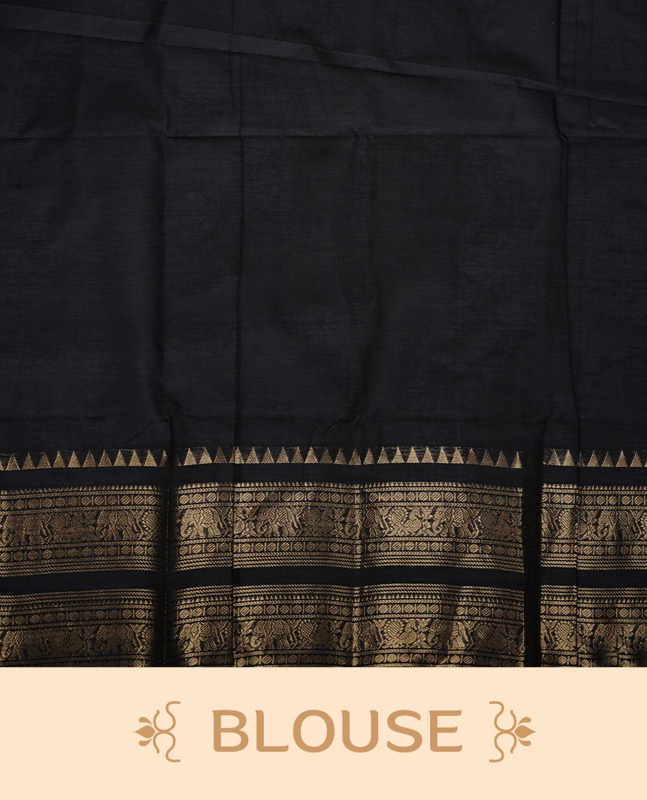 Black colour chettinad cotton saree featuring plain body, self colour with traditional gold zari border paired with matching blouse.