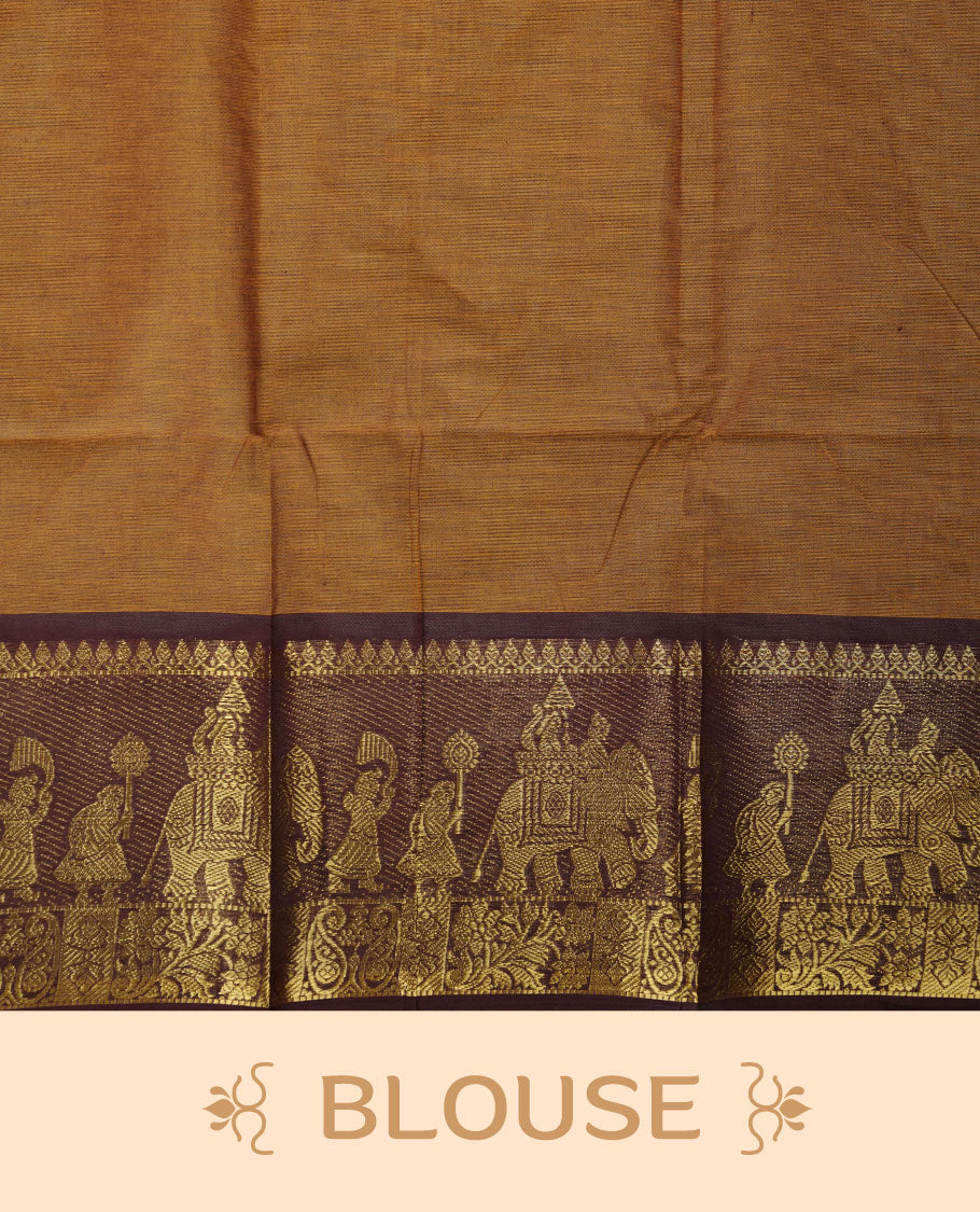 Mustard colour chettinad cotton saree featuring plain body, contrast chocolate brown colour with traditional gold zari border paired with matching blouse.