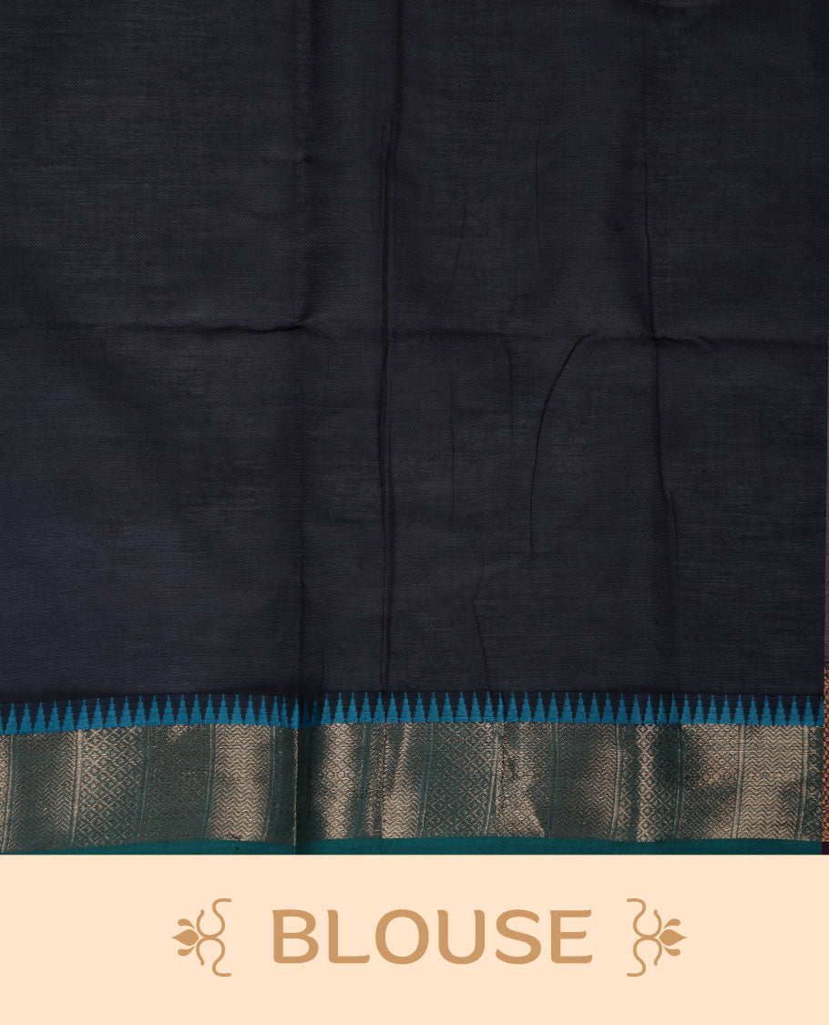 Black colour chettinad cotton saree featuring Elegant plain body highlighting contrast green colour colour with gold zari traditional border, pallu and paired with matching blouse piece.