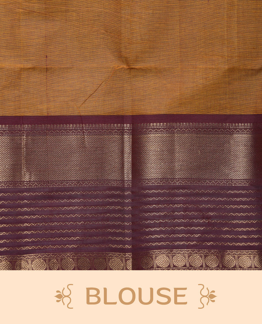 Mustard colour chettinad cotton saree featuring maroon colour motifs on body, contrast maroon colour border with gold zari border, pallu and paired with matching blouse