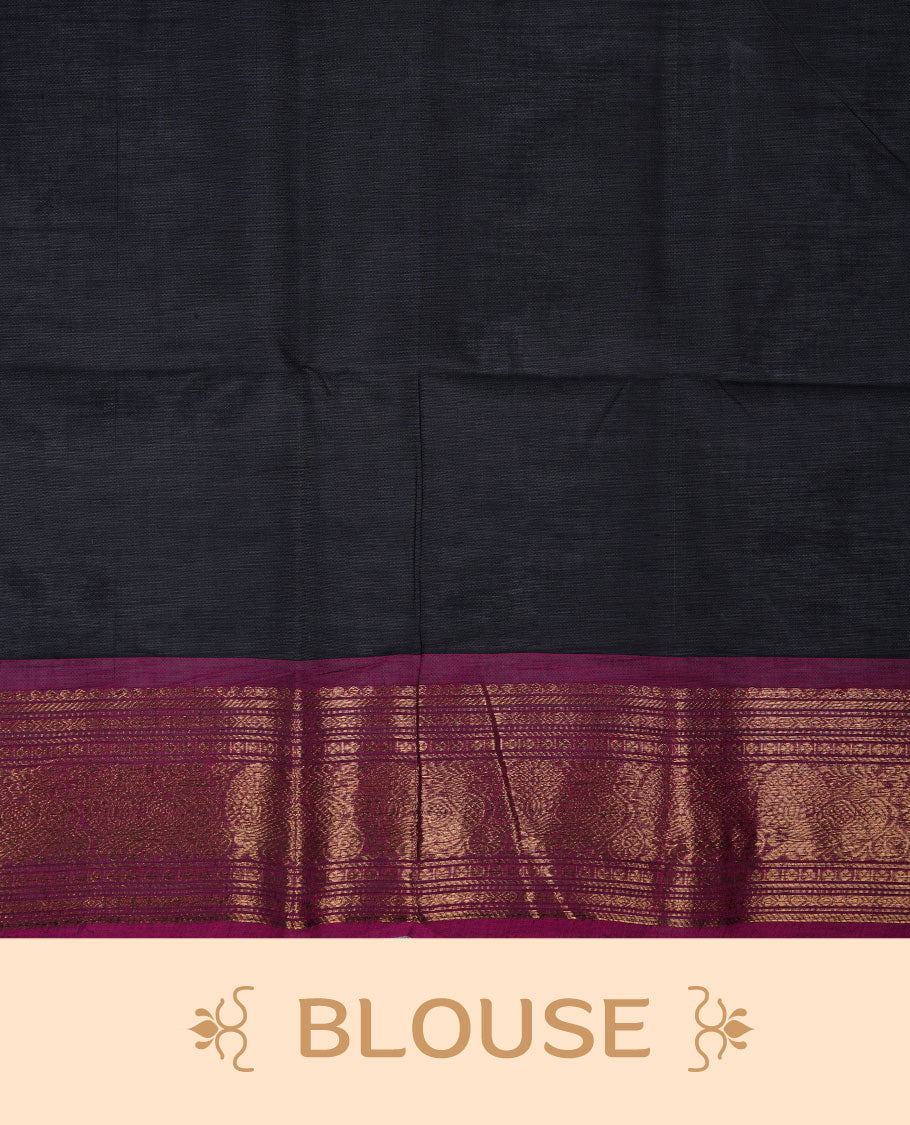Black colour chettinad cotton saree featuring elegant plain body highlighting contrast magenta colour with gold zari traditional border, pallu and paired with matching blouse piece.