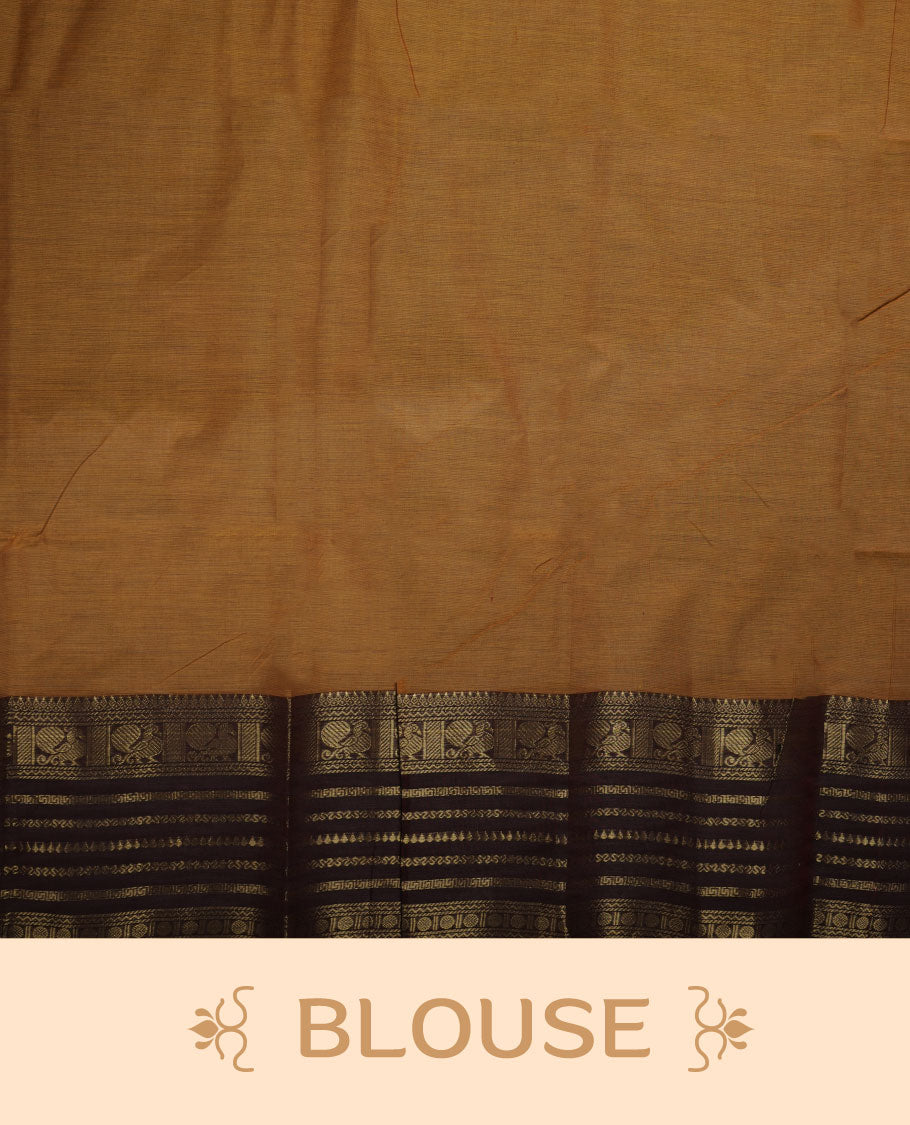 Dusty orange colour chettinad cotton saree featuring plain body, paired with a choclate brown colour traditional gold zari border paired with matching blouse.