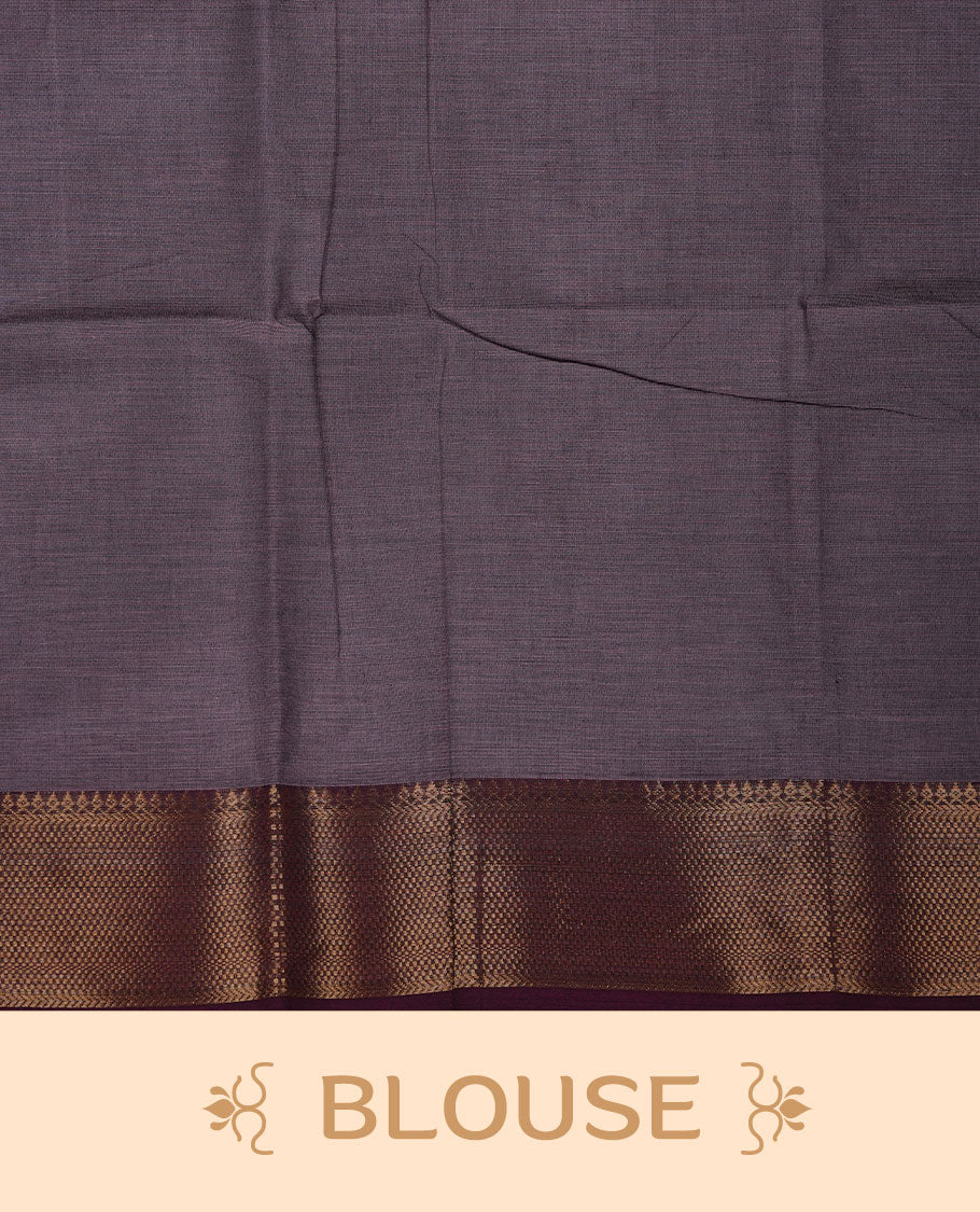 Lilac colour chettinad cotton saree featuring Elegant plain body highlighting contrast Maroon colour with gold zari traditional border, pallu and paired with matching blouse piece.