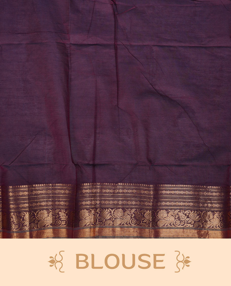 Wine colour chettinad cotton saree featuring plain body, with matching traditional gold zari border paired with matching blouse.