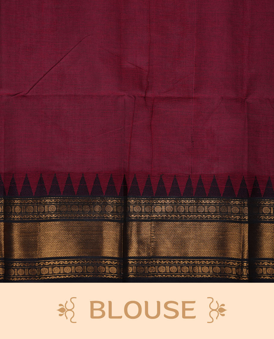 Deep red colour chettinad cotton saree featuring elegant plain body highlighting contrast black colour with gold zari traditional border, pallu and paired with matching blouse piece.