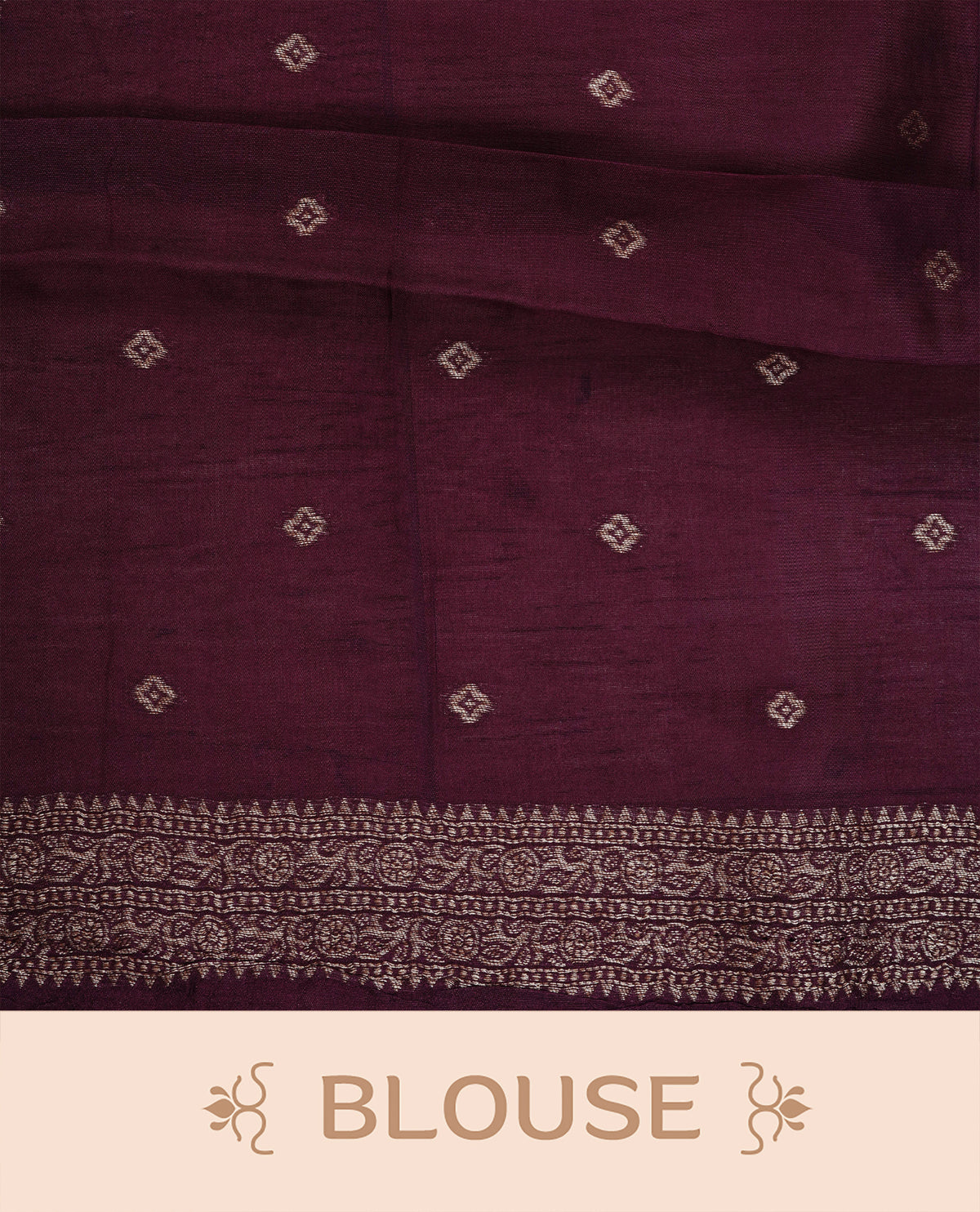 Wine colour semi banaras tussar georgette saree featuring gold zari check with motifs on body, no specific border and paired with matching blouse piece.