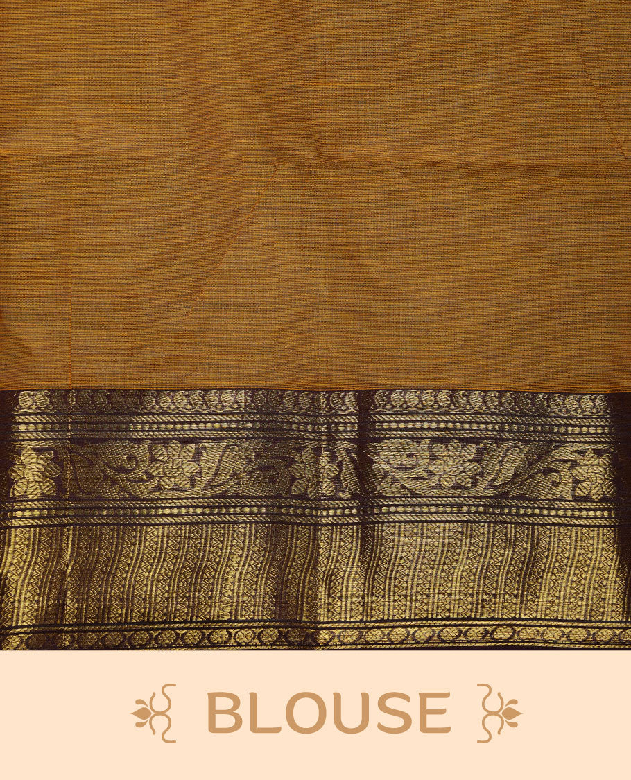 Mustard colour chettinad cotton saree featuring gold zari colour motifs on body, contrast purple colour border with gold zari border, pallu and paired with matching blouse.