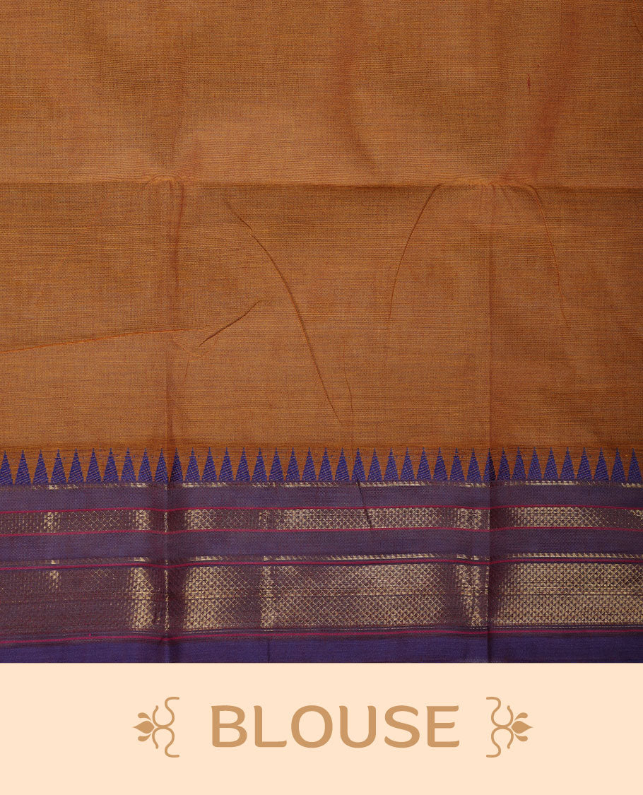 Brown colour chettinad cotton saree featuring elegant plain body highlighting contrast indigo colour with gold zari traditional border, pallu and paired with matching blouse piece.