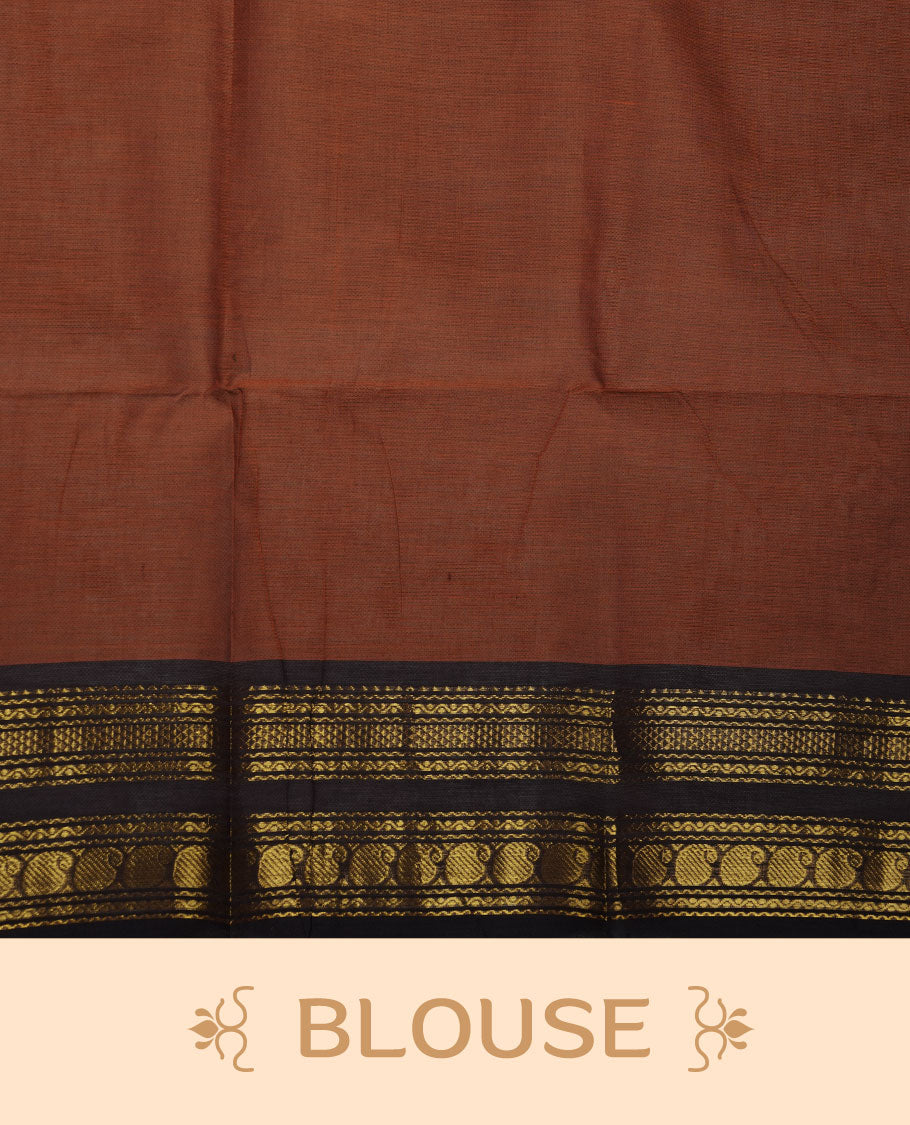 Brown colour chettinad cotton saree featuring plain body, contrast Deep purple colour with traditional gold zari border paired with matching blouse.