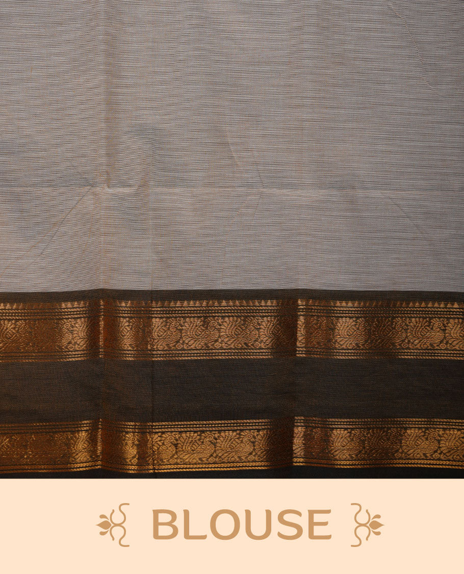 Beige colour chettinad cotton saree featuring Elegant body, contrast Olive colour border with gold zari border, pallu and paired with matching blouse.