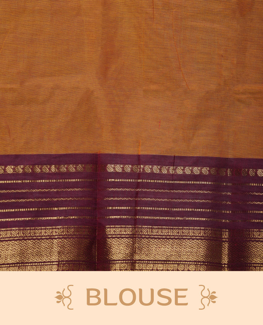 Orange colour chettinad cotton saree featuring plain body, contrast burgundy colour with traditional gold zari border paired with matching blouse.