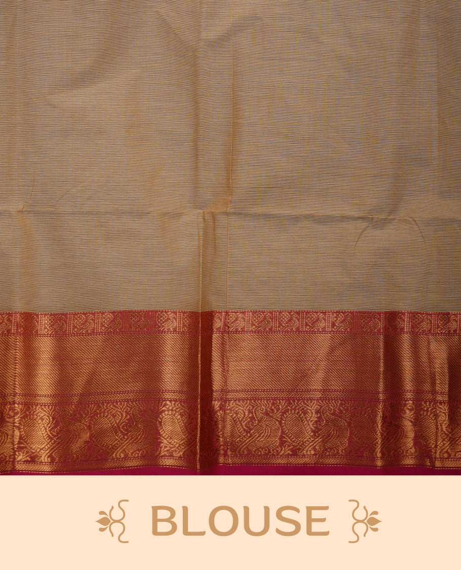 Beige colour chettinad cotton saree featuring Elegant plain body, contrast Magenta colour border with gold zari border, pallu and paired with matching blouse.
