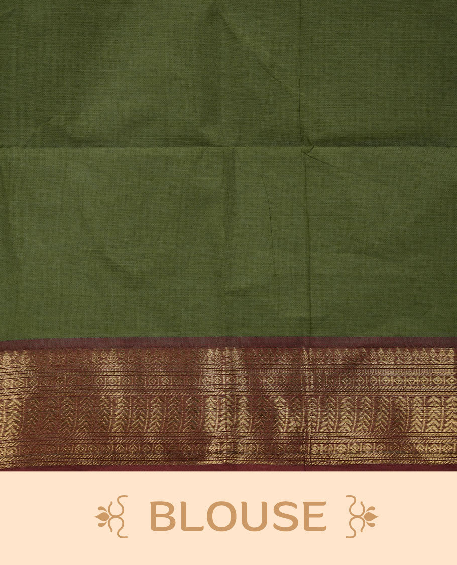 Olive green colour chettinad cotton saree featuring Elegant plain body, contrast Brick red colour border with gold zari border, pallu and paired with matching blouse.