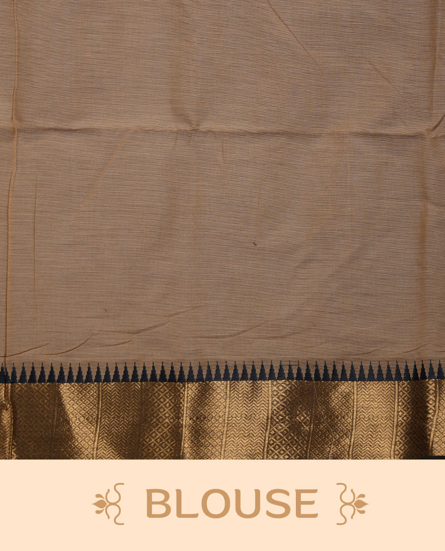 Sandal colour chettinad cotton saree featuring  Elegant plain body, contrast Black colour border with gold zari temple border, pallu and paired with matching blouse