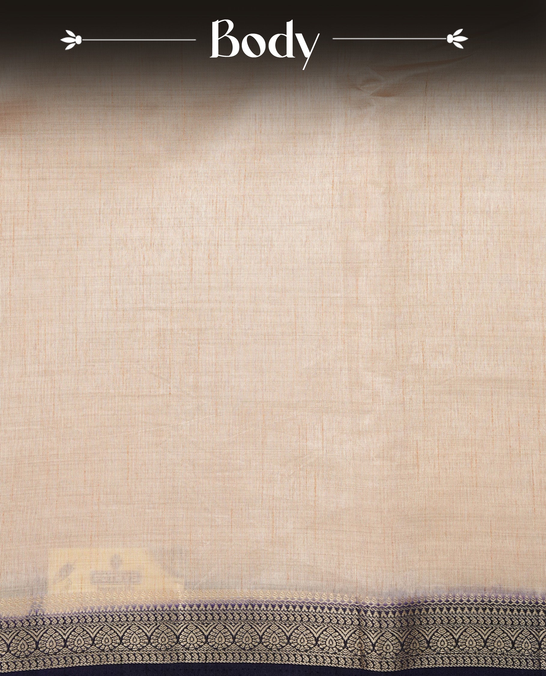 Cream colour Semi Tussar silk saree featuring an elegant plain body, accentuated by a contrast Navy blue border adorned with intricate gold zari work, paired with a matching blouse piece.