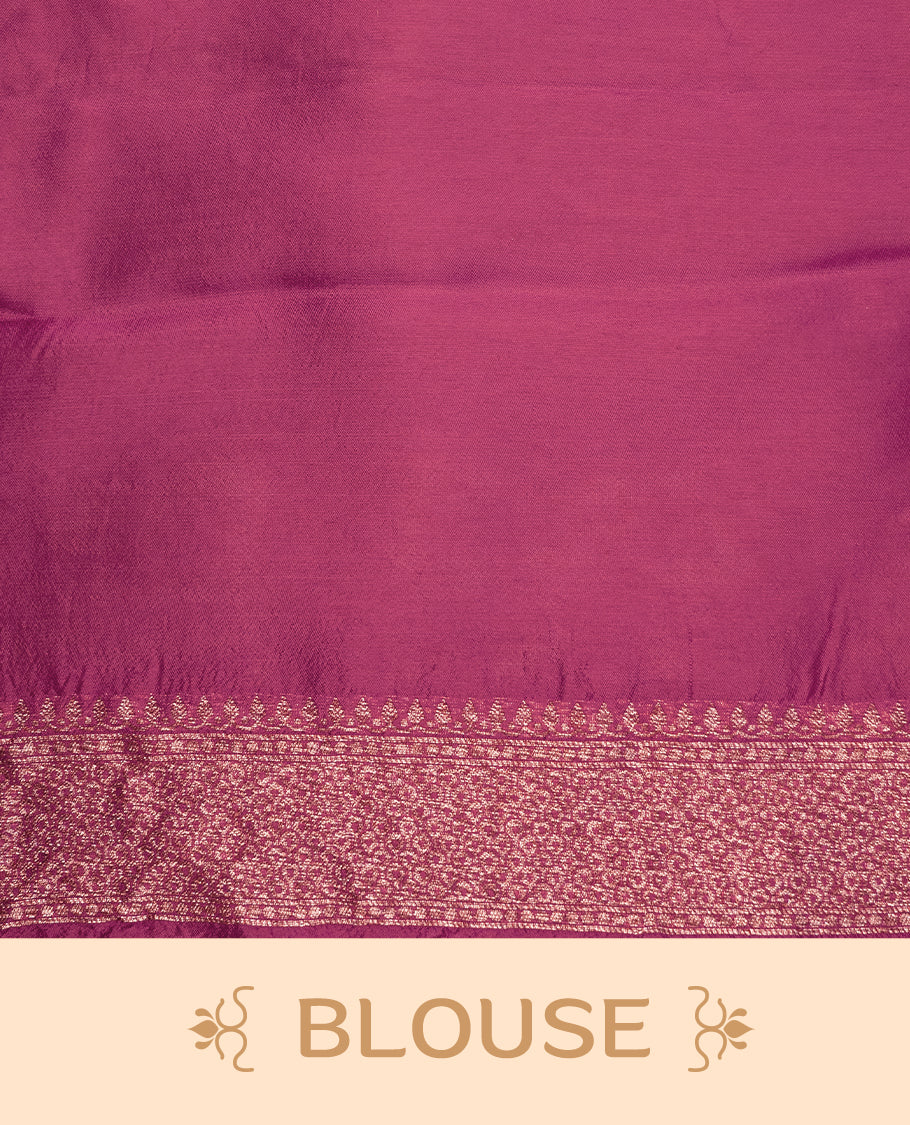 Dark Rouge colour Semi Banaras Tussar Georgette Featuring Gold zari Leaf pattern on body, Finished with Gold zari border and paired with matching blouse piece.