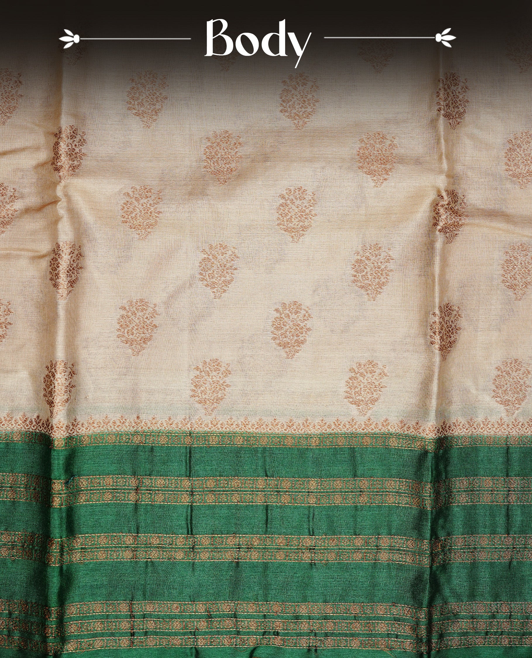 Golden Cream Colour Banaras tussar silk saree featuring Antique zari Motifs on body, Complemented by green colour variant with zari border, paired with matching blouse Piece.