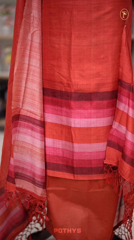 Soft rose colour semi tussar silk salwar material featuring elegant horizontal stripes on the yoke and dupatta, woven in shades of rose and maroon & Paired with a matching plain bottom.