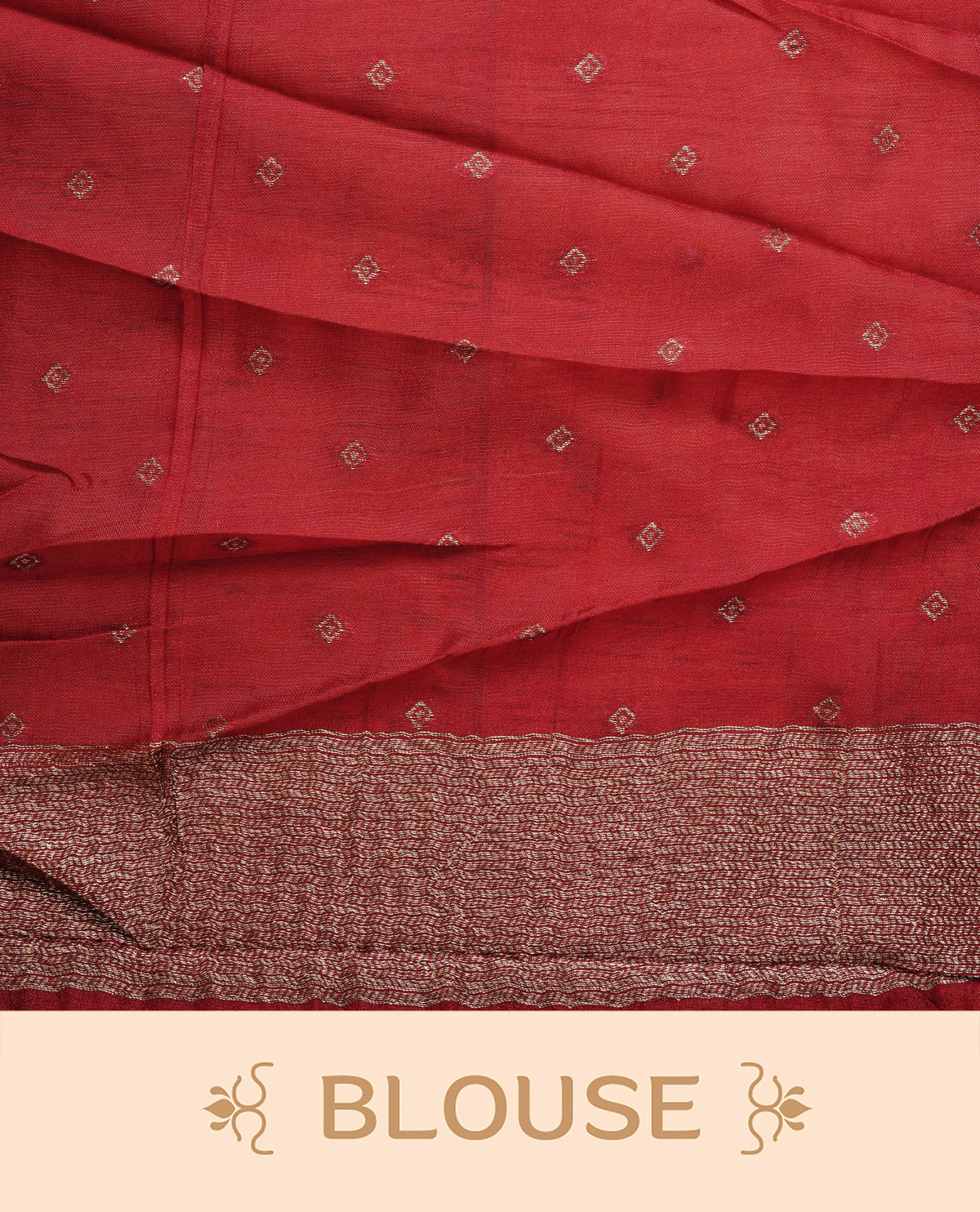 Brick red colour semi banaras tussar georgette saree featuring gold zari pattern on body, finished with gold zari temple border and paired with matching blouse piece.