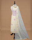 Ivory Colour Mul Chanderi Salwar material featuring Lavender Embroidery & Delicate Bead Work on body, paired with Santon bottom & Embroidery Worked Dupatta With Scallop border.