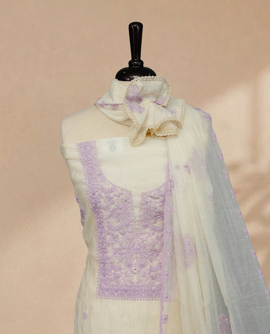 Ivory Colour Mul Chanderi Salwar material featuring Lavender Embroidery & Delicate Bead Work on body, paired with Santon bottom & Embroidery Worked Dupatta With Scallop border.