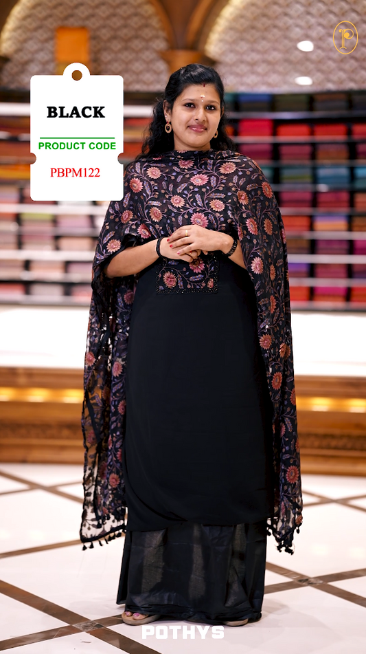 Black Colour Chiffon partywear churidhar material featuring floral digital print