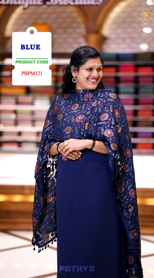 Blue Colour Chiffon partywear churidhar material featuring floral digital print