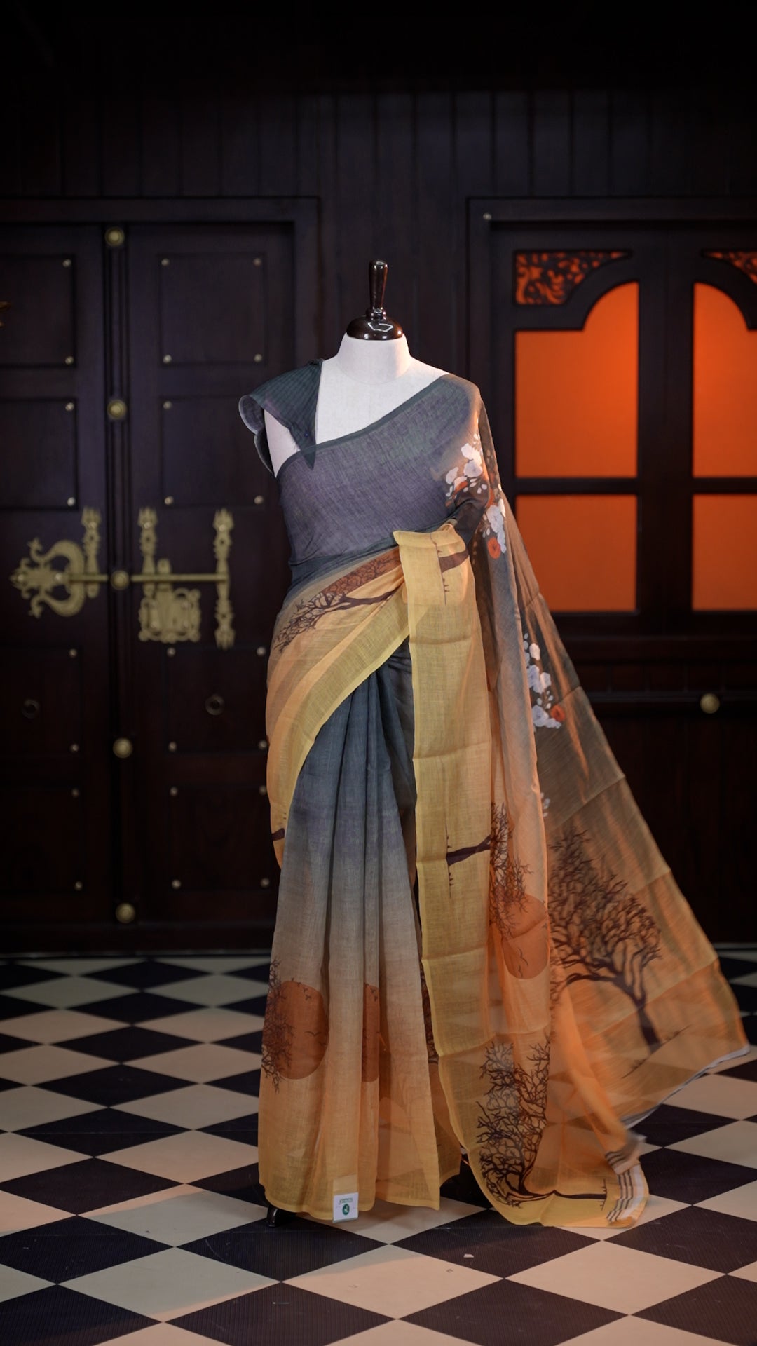 Yellow colour Semi Jute Texture saree with the beauty of digital print ombre effect on body, comes with a matching modern striped blouse.