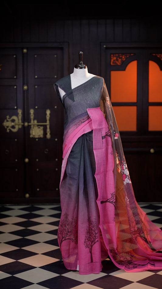 Pink colour Semi Jute Texture saree with the beauty of digital print ombre effect on body, comes with a matching modern striped blouse.