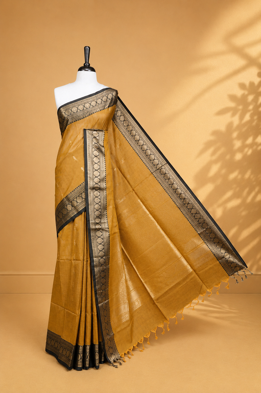 Mustard colour chettinad cotton saree featuring gold zari stripes & motifs on body, complemented by Contrast Black colour with zari border, paired with matching blouse piece.