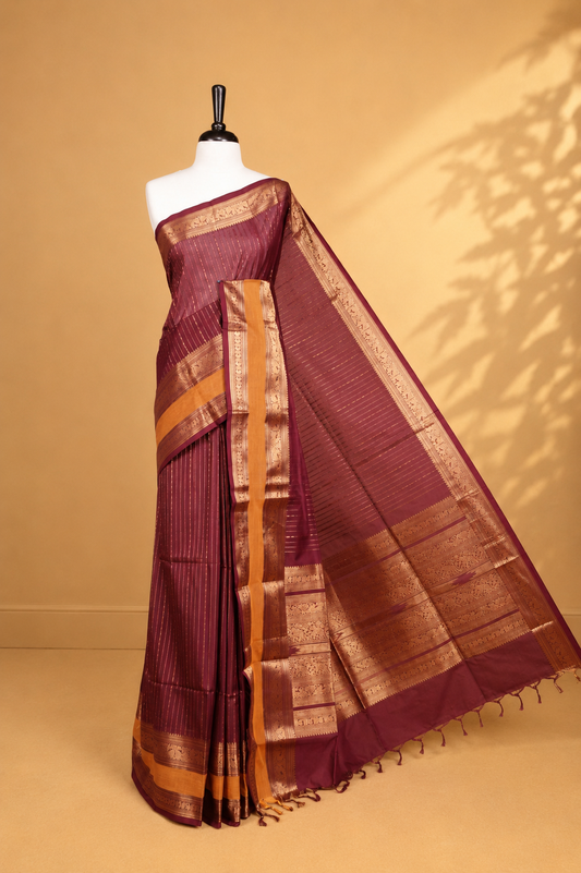 Maroon colour chettinad cotton saree featuring  gold zari stripes on body, complemented by Mustard border, paired with matching blouse piece.
