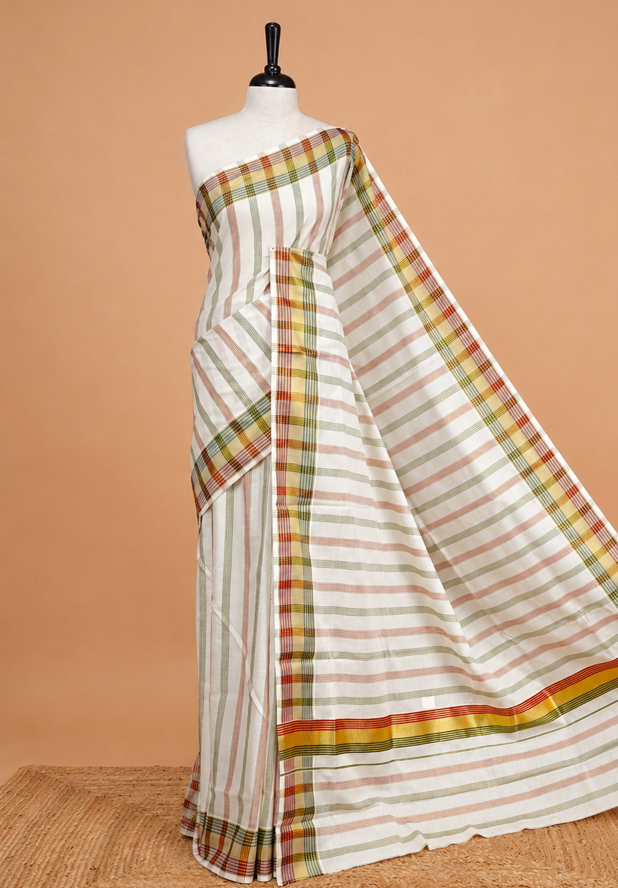 Off white colour Kerala saree featuring Gold with green, Red Zari Strip pattern body, enrich by zari Border, pallu ,comes with matching blouse piece.