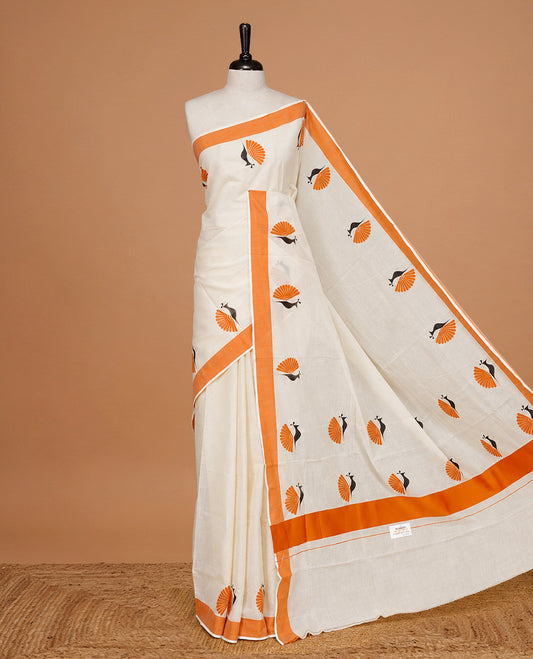 Cream colour Cotton Kerala saree Featuring Classy Plain body for Effortless Elegance, enhancing Orange with Peacock Printed border, paired with matching blouse piece.
