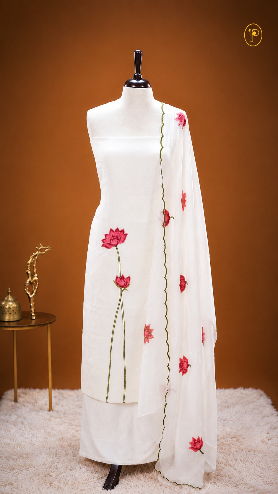 White colour Mul chanderi Salwar material featuring Beautiful Floral Thread embroidery work on Body & small Buttas on body, Dupatta with buttas & Scallop work.