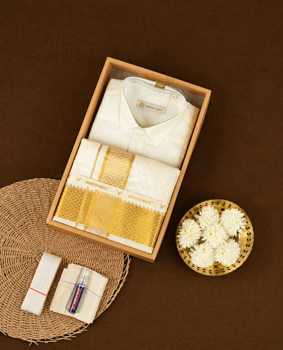 Cream gold coloured silk wedding shirt, dhoti set from MINISTER WHITE, featuring a gold zari border.