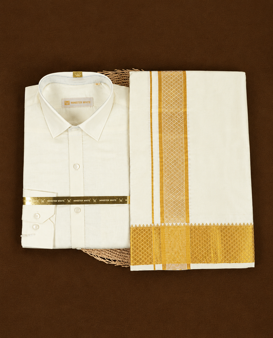 Cream gold coloured silk wedding shirt, dhoti set from MINISTER WHITE, featuring a gold zari border.