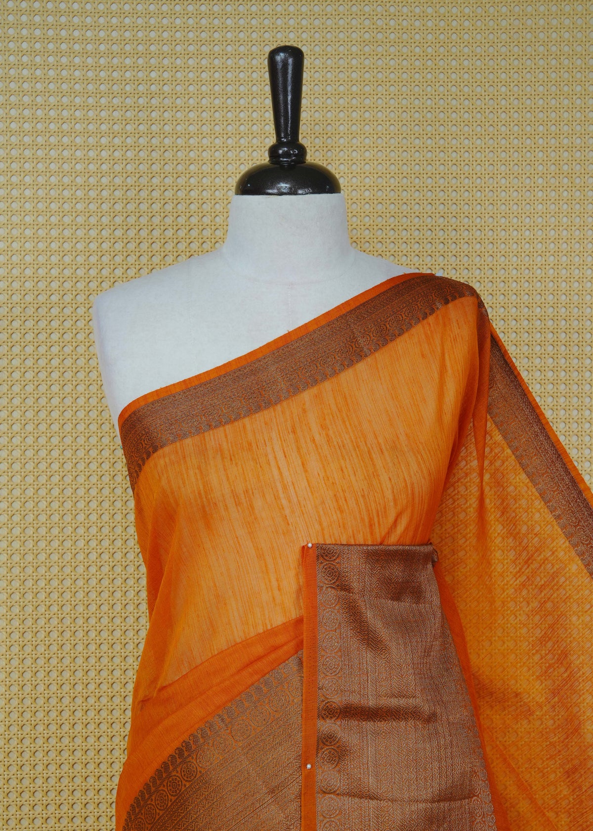 Mustard colour semi linen saree plain body, contrast self colour gold zari detailed border, grand pallu comes with matching blouse piece