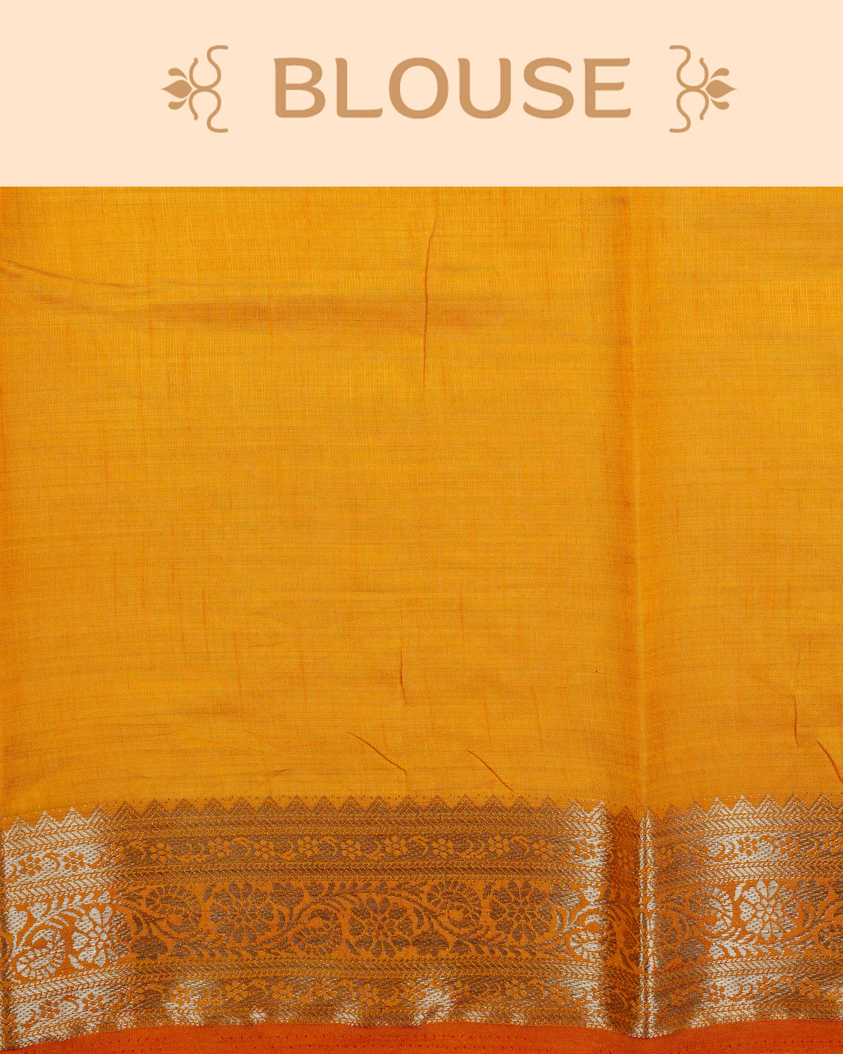 Cream colour Tussar silk saree Featuring Plain body, complemented by Contrast light orange colour gold zari floral patterns on border, paired with matching blouse piece.