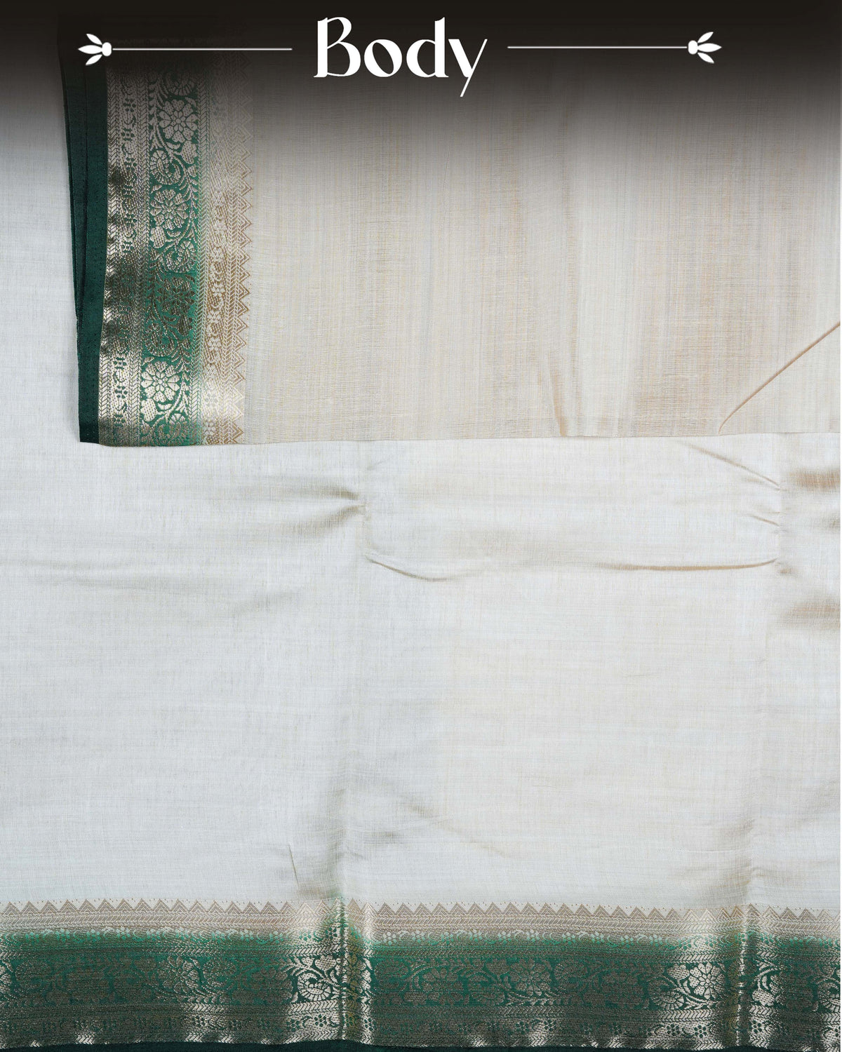 Cream colour Tussar silk saree Featuring Plain body, complemented by Contrast dark green colour gold zari floral patterns on border, paired with matching blouse piece.