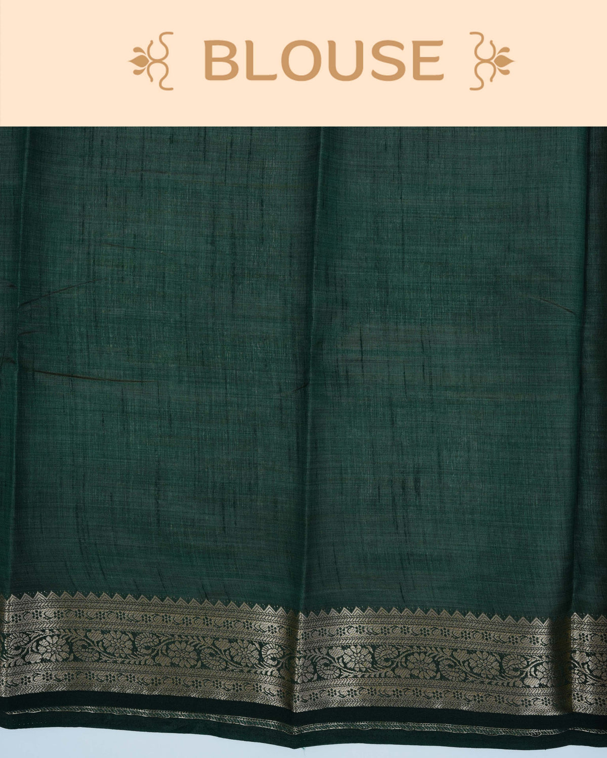 Cream colour Tussar silk saree Featuring Plain body, complemented by Contrast dark green colour gold zari floral patterns on border, paired with matching blouse piece.