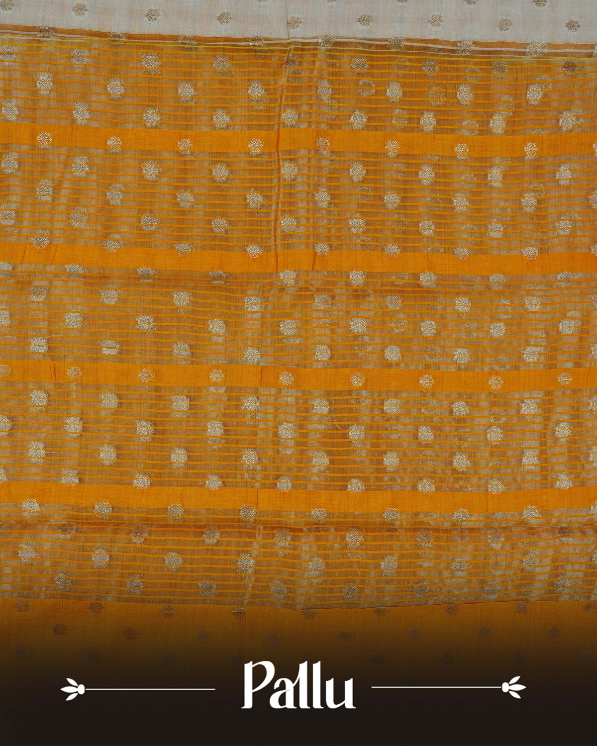 Cream colour Tussar silk saree Featuring buttas on body, complemented by Contrast mustard yellow colour gold zari check pattern with elephant motifs on border, paired with matching blouse piece.