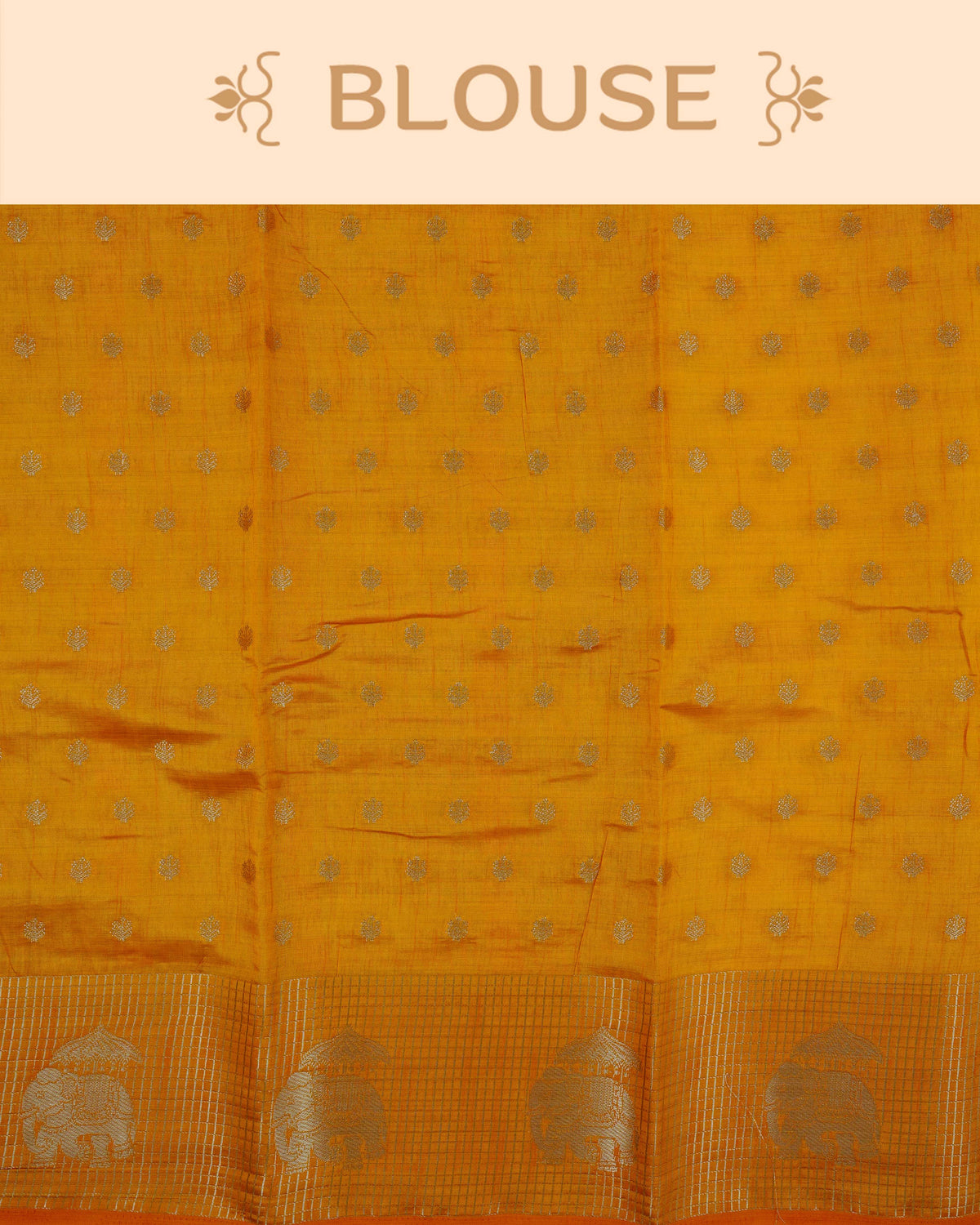 Cream colour Tussar silk saree Featuring buttas on body, complemented by Contrast mustard yellow colour gold zari check pattern with elephant motifs on border, paired with matching blouse piece.